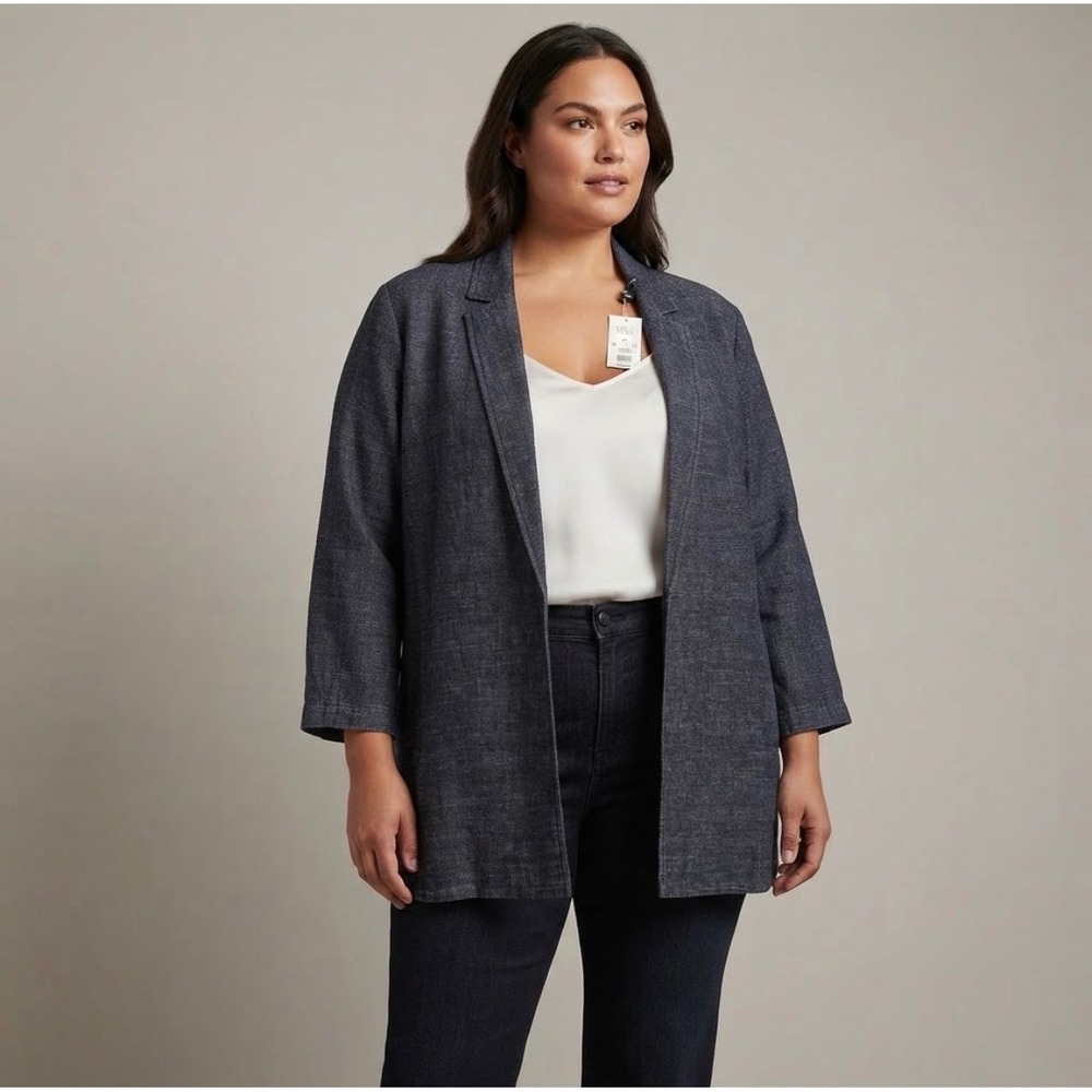 Eileen Fisher Long Blazer Womens 2X Denim Hemp Organic Cotton Open Front NEW